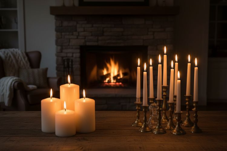 Burning candles, cozy atmosphere